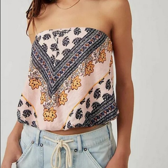 Free People Borderline Tube Top Printed Sleeveless Pink Strapless S - Picture 1 of 3